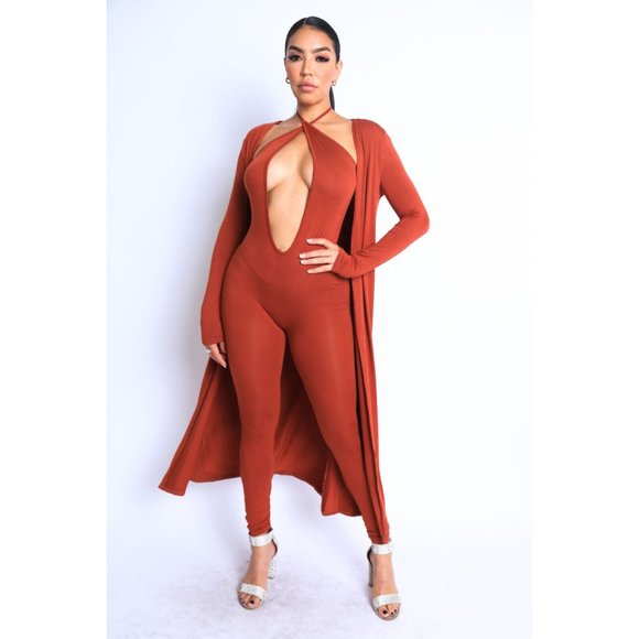 Boutique Pants - Women's Open Center Halter Jumpsuit with Cardigan Set Red Cross Neck